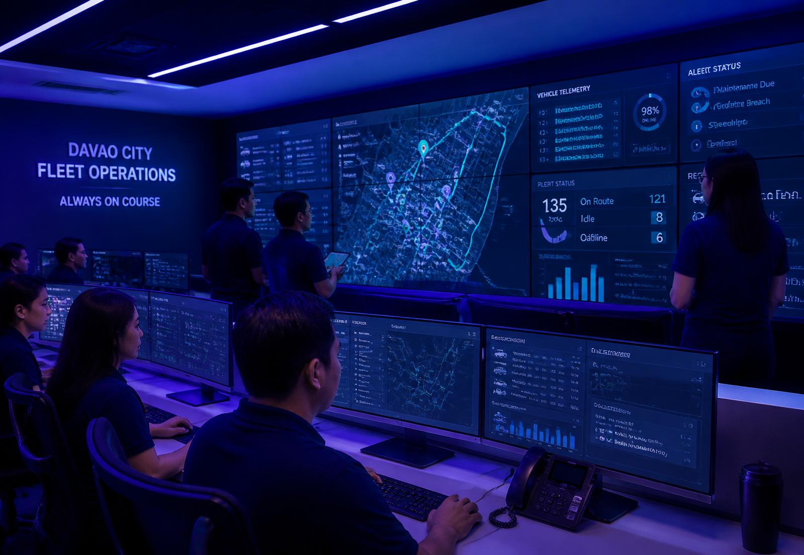 Operations team monitoring routes and vehicle telemetry on wall screens